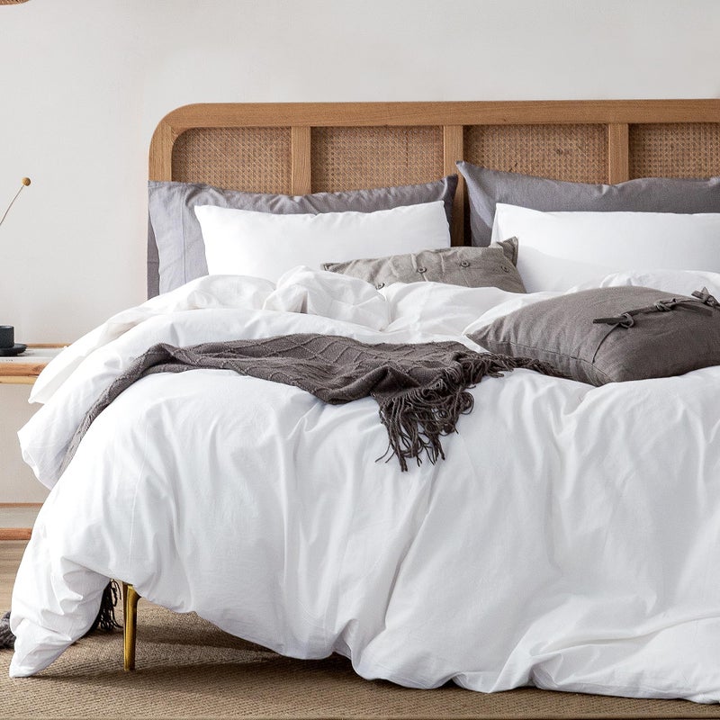 ATsense Duvet Cover Full Size, 100% Washed Cotton Linen Feel Super Soft Comfortable, 3-Piece White Duvet Cover Bedding Set, Long-Lasting and Easy Care, Simple Style Farmhouse Comforter Cover - Image 1